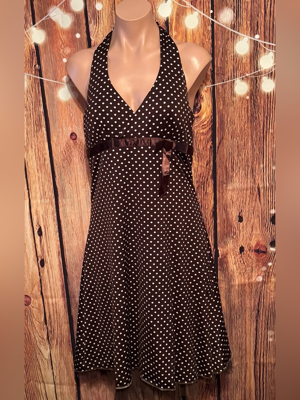 Classic Pretty Woman Style Polka Dot Halter Dress - Brown & White